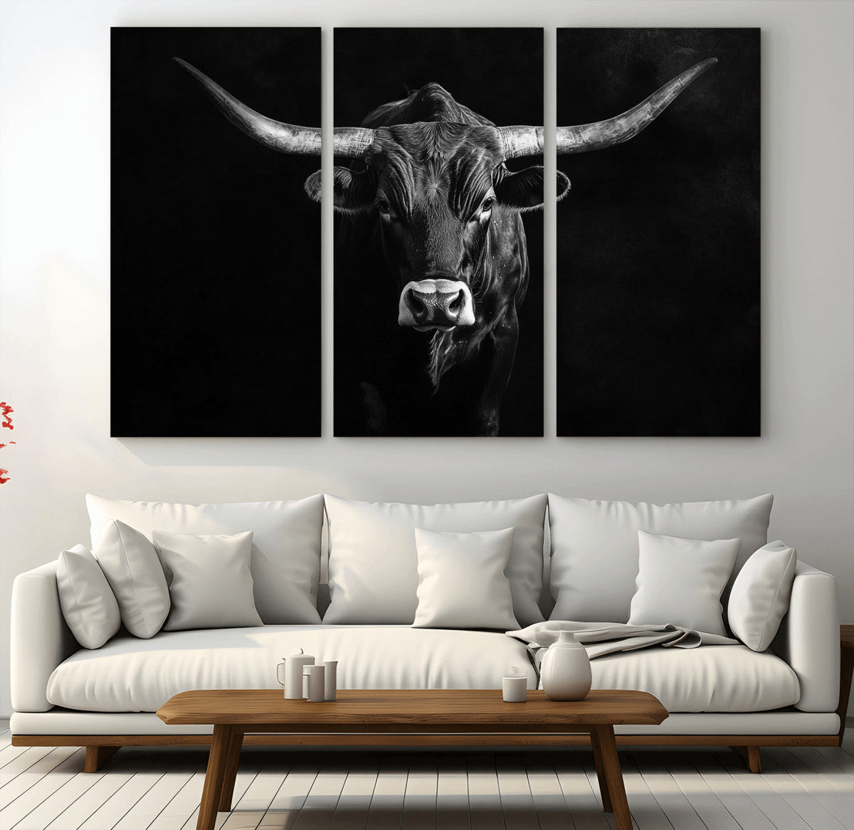 Texas Longhorn Wall Art Canvas Print – Framed Monochrome