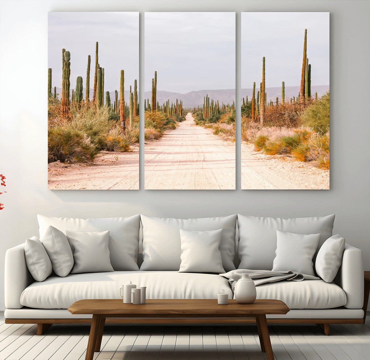 Desert Cactus Lined Road Wall Art Canvas Print – Framed