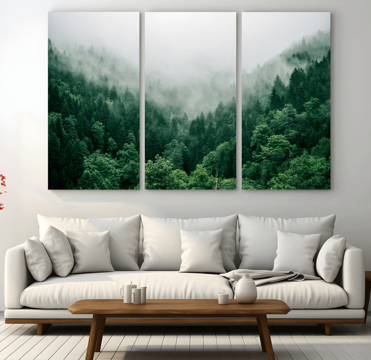 Misty Green Forest Canvas Print – Framed Serene Foggy Pine