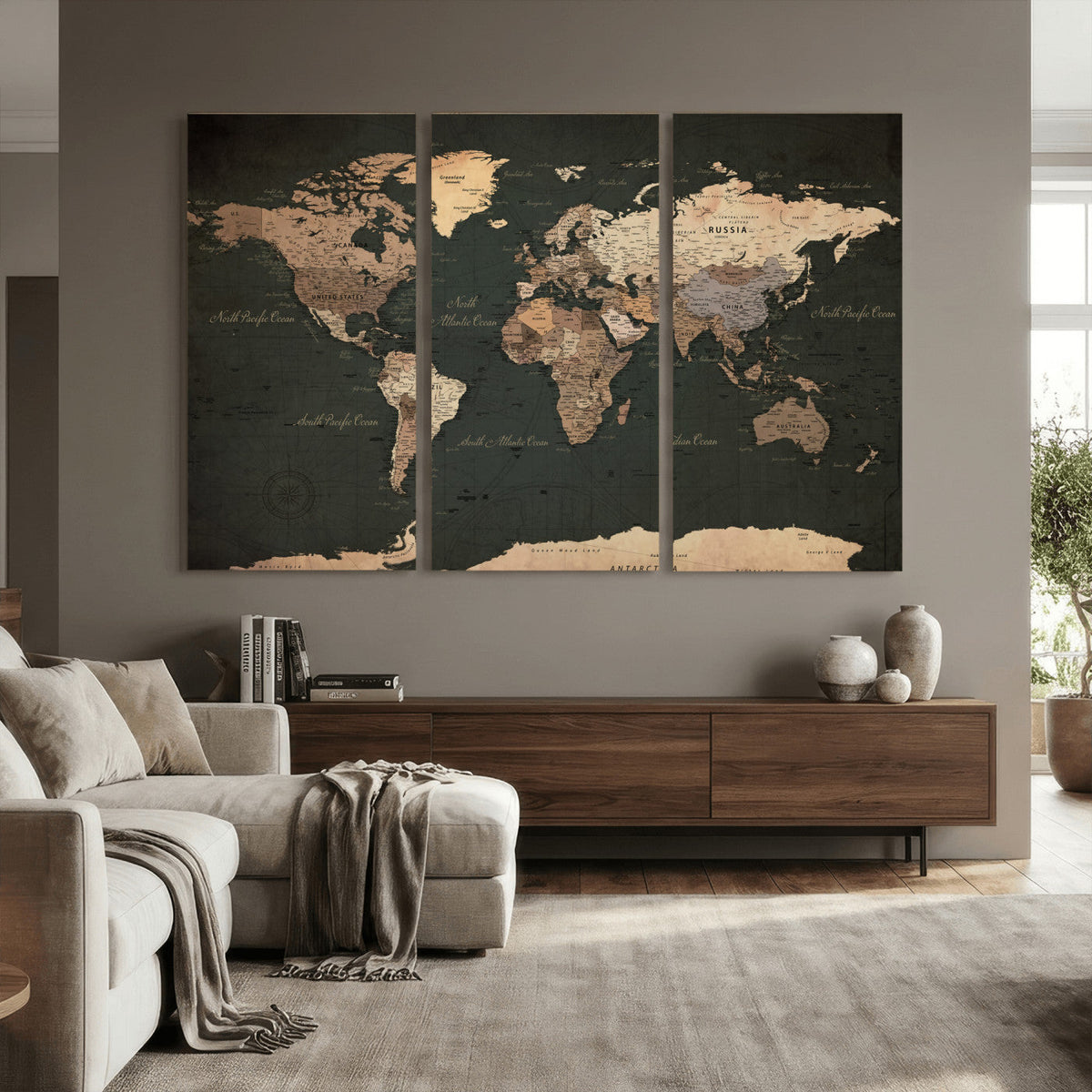Vintage World Map Canvas Wall Art – Framed Travel Map for
