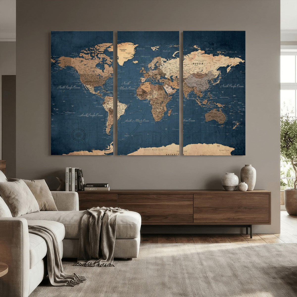 Navy Blue World Map Canvas Print – Framed Travel Map Wall