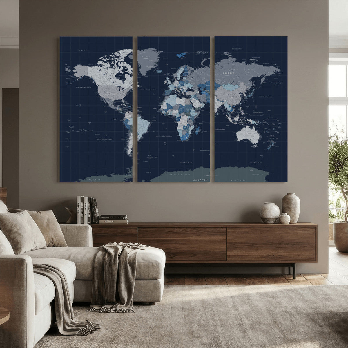 Blue Detailed World Map Wall Art Canvas Print, Modern Framed