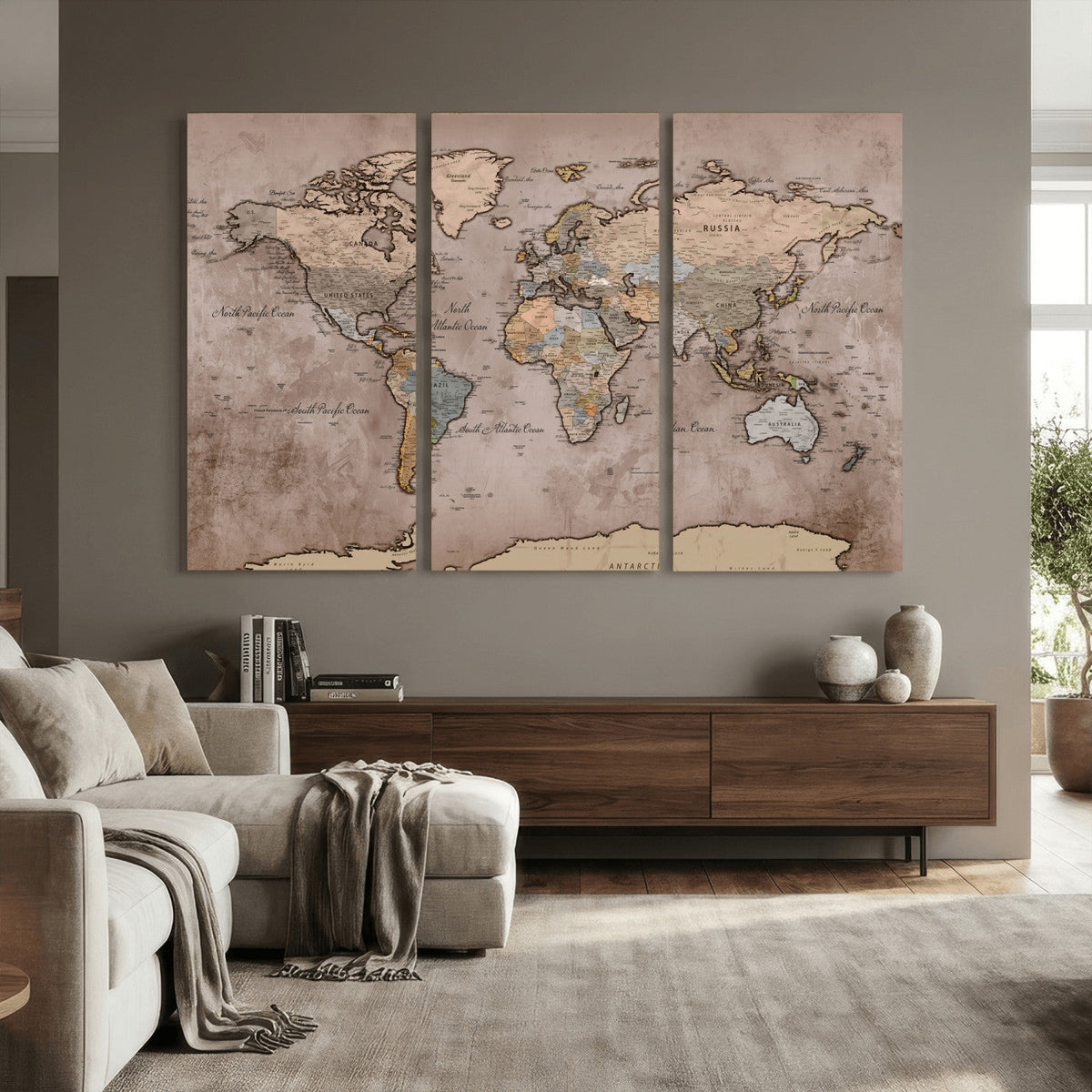 Grunge World Map Canvas Wall Art - Vintage Aged World Map
