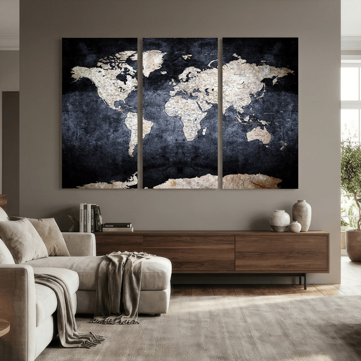 Vintage World Map Canvas Wall Art – Antique Triptych Map