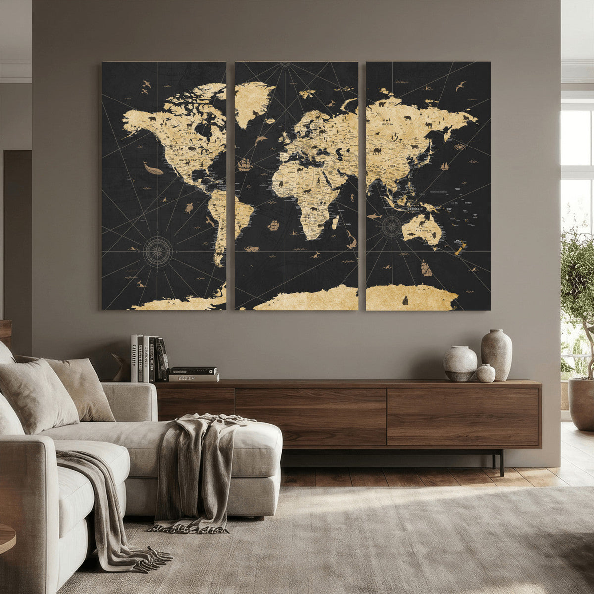 Vintage Blue and Brown World Map Canvas Wall Art – Framed