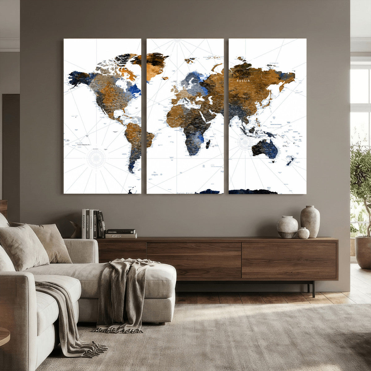 World Map Wall Art Canvas Print, Modern Decorative Framed
