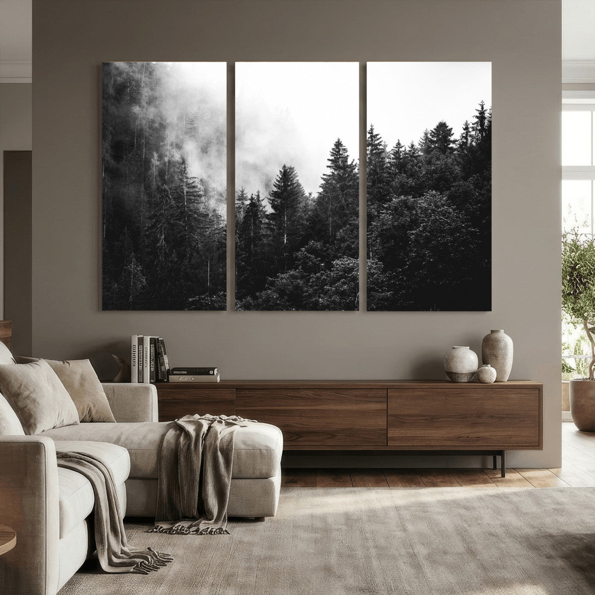 Black White Forest Wall Art Canvas Print, Misty Pine Tree