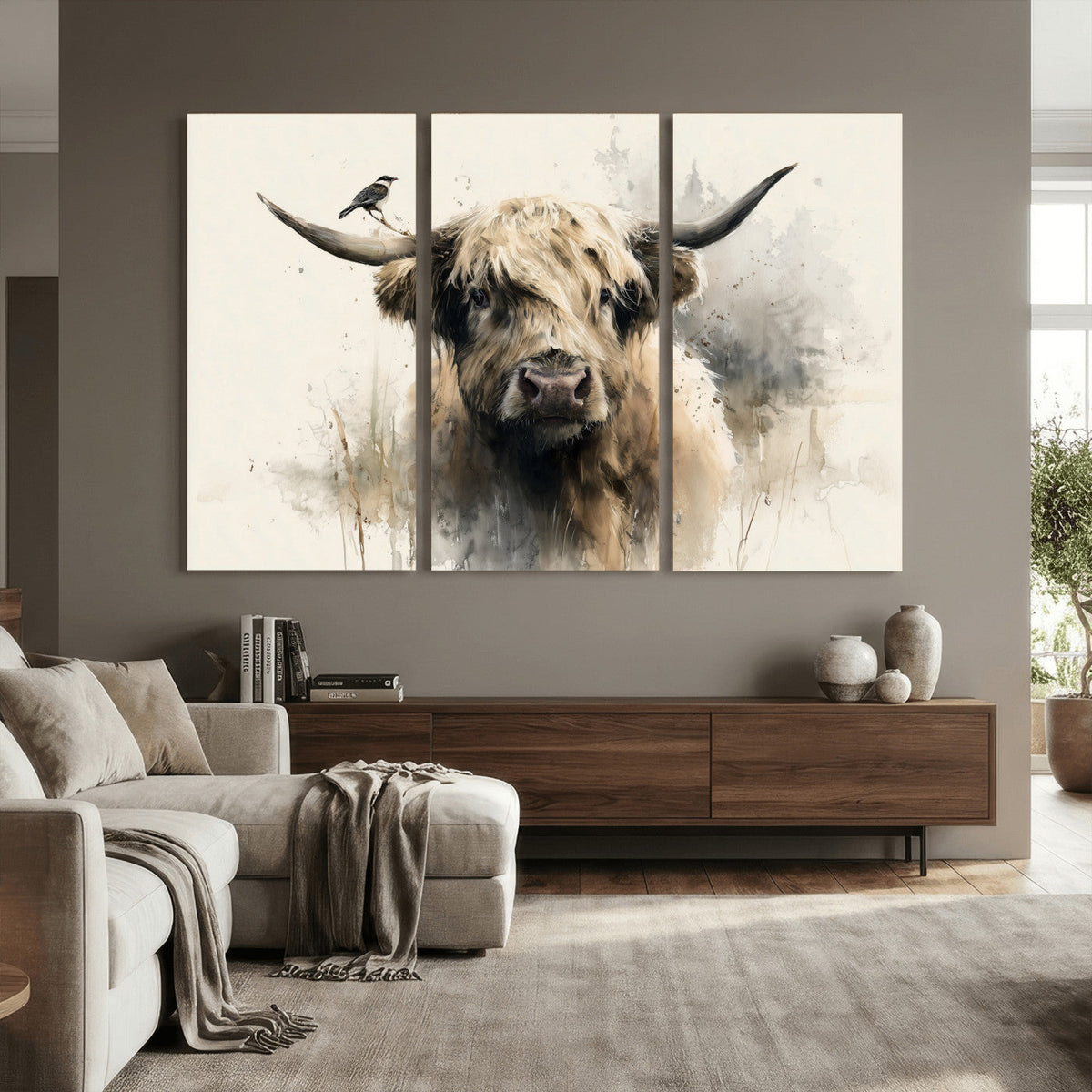 Abstract Highland Cow Wall Art Canvas Print, Rustic Farm