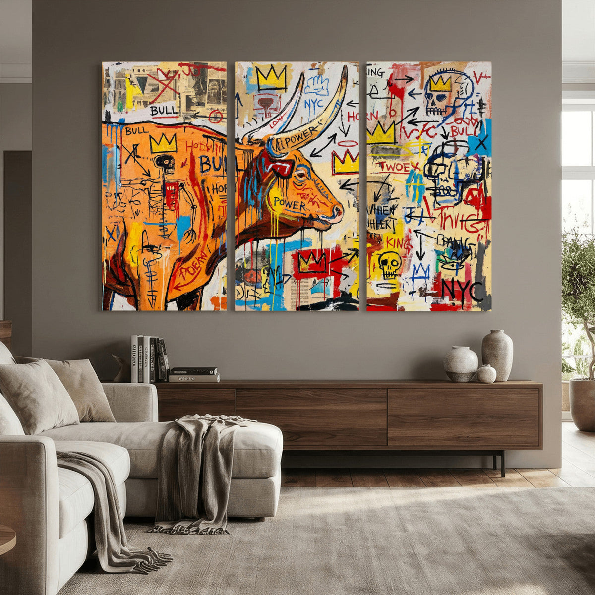 Basquiat Style Bull Graffiti Wall Art Canvas Print, Street