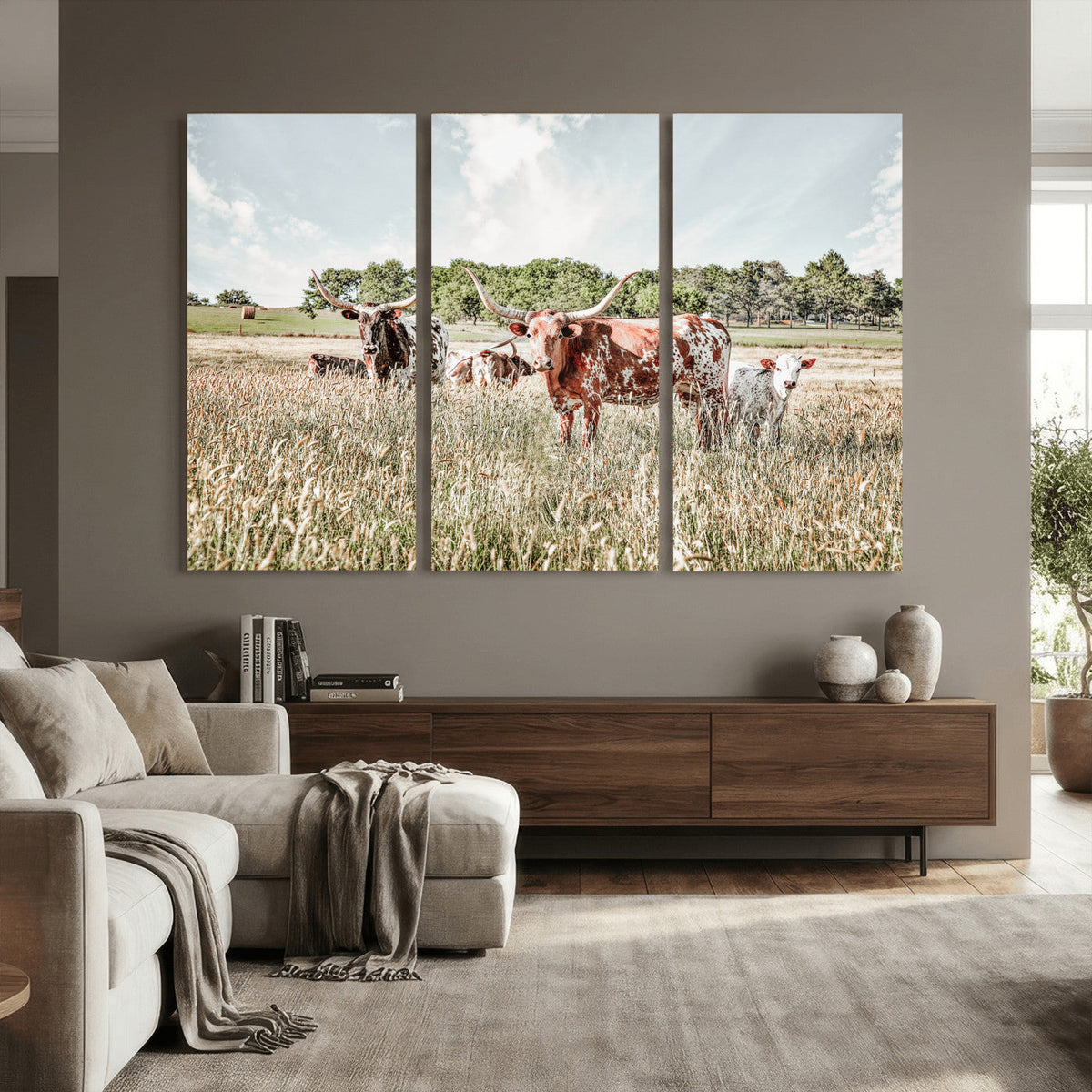 Texas Longhorn Cattle Wall Art Canvas Print, Rustic Ranch