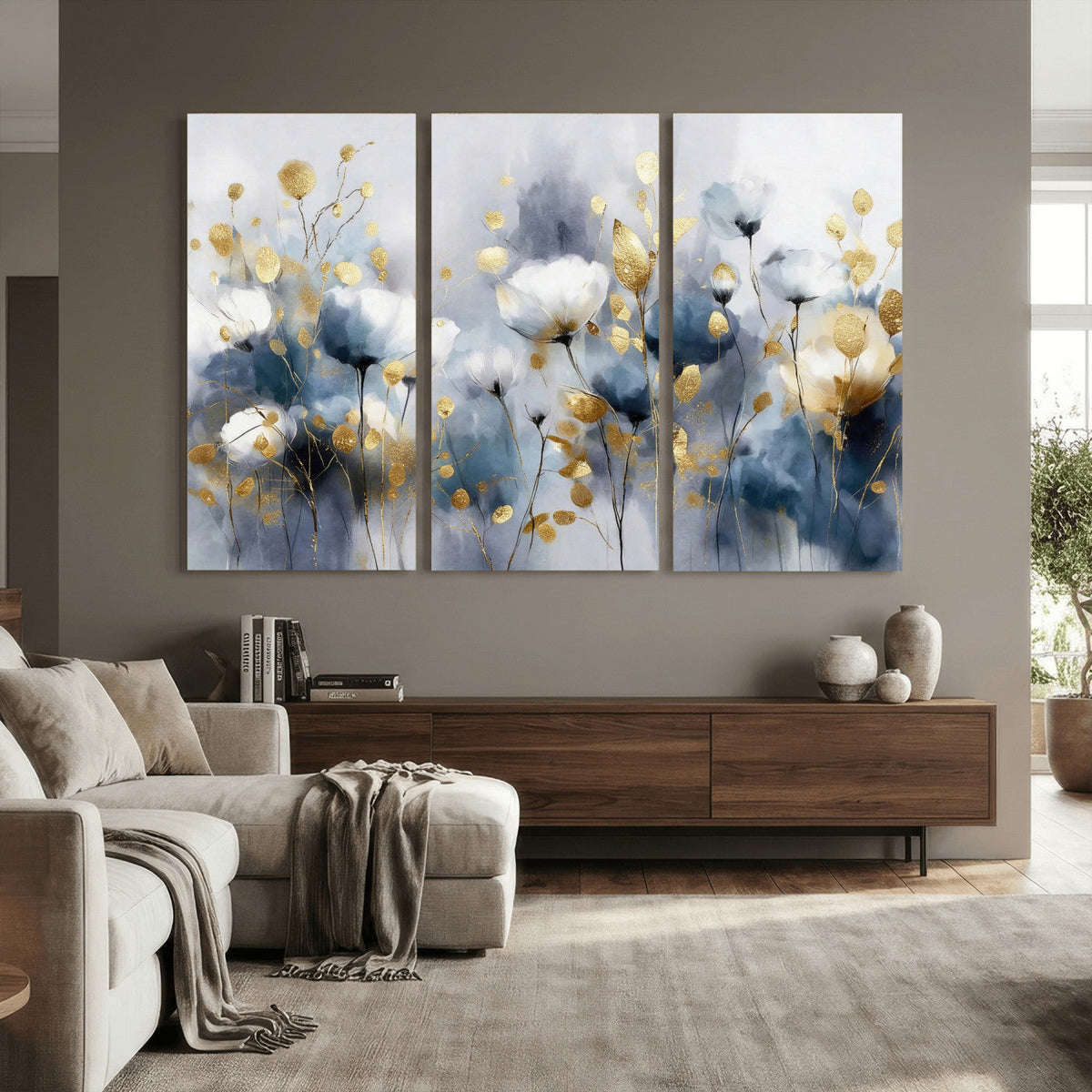 Large Abstract Flowers Wall Art Canvas Print – Gold and Blue
