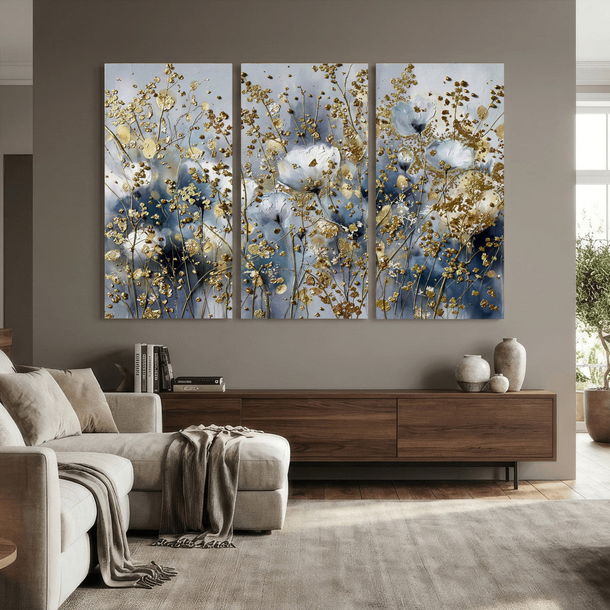 Abstract Floral Wall Art Canvas Print – Gold and Blue