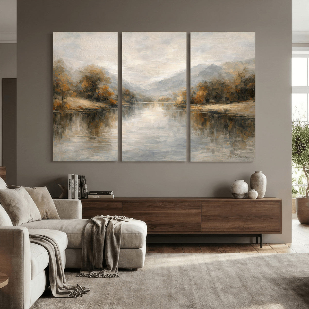 Neutral Abstract River Landscape Wall Art Canvas Print