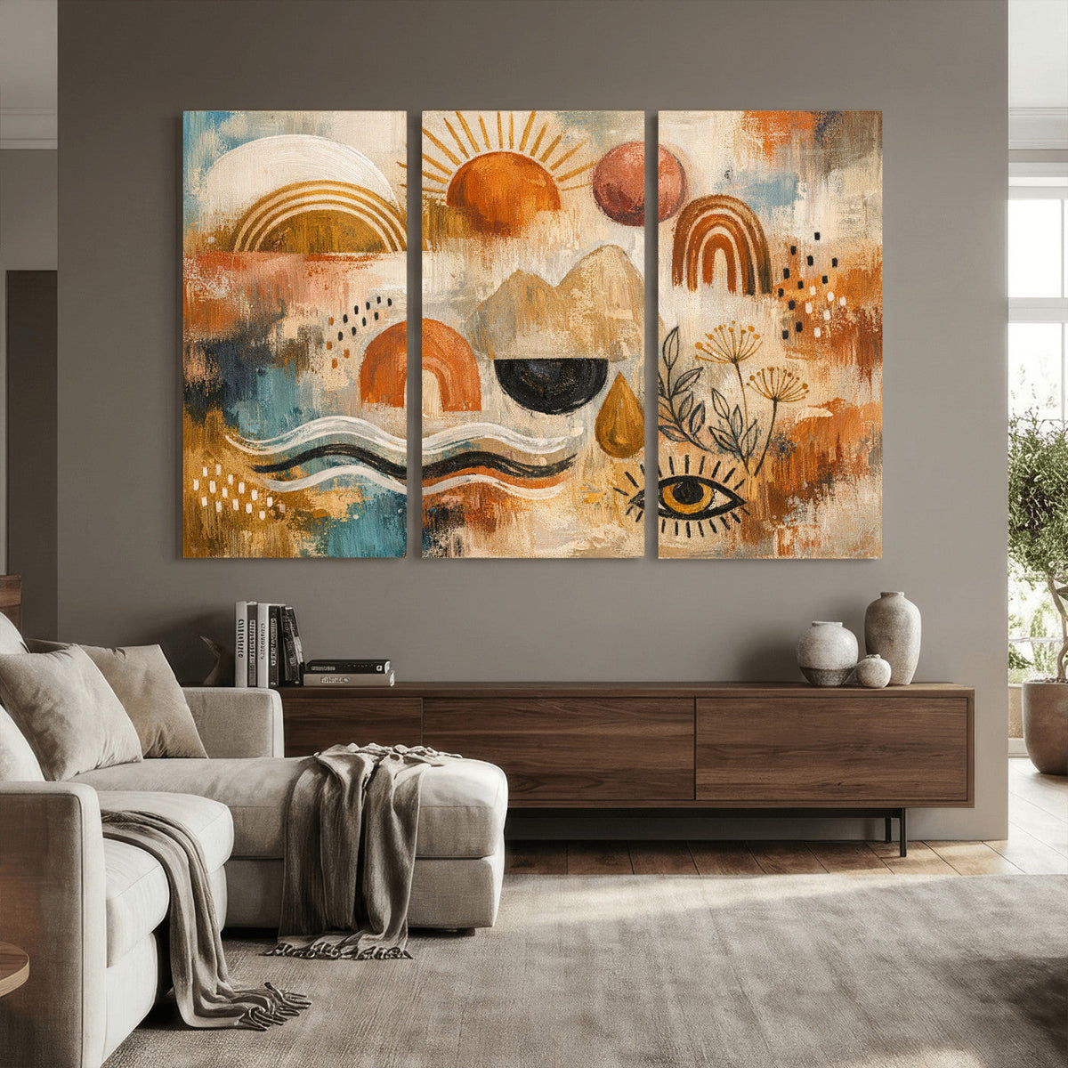 Geometric Boho Abstract Wall Art Canvas Print, Orange Blue