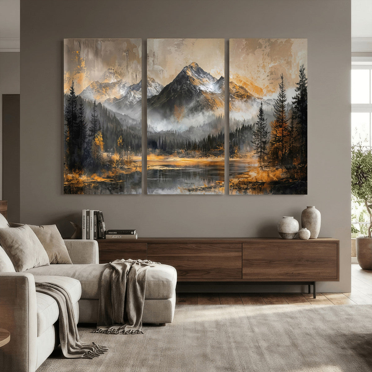 Mountain Lake Canvas Wall Art — Rustic Forest Landscape