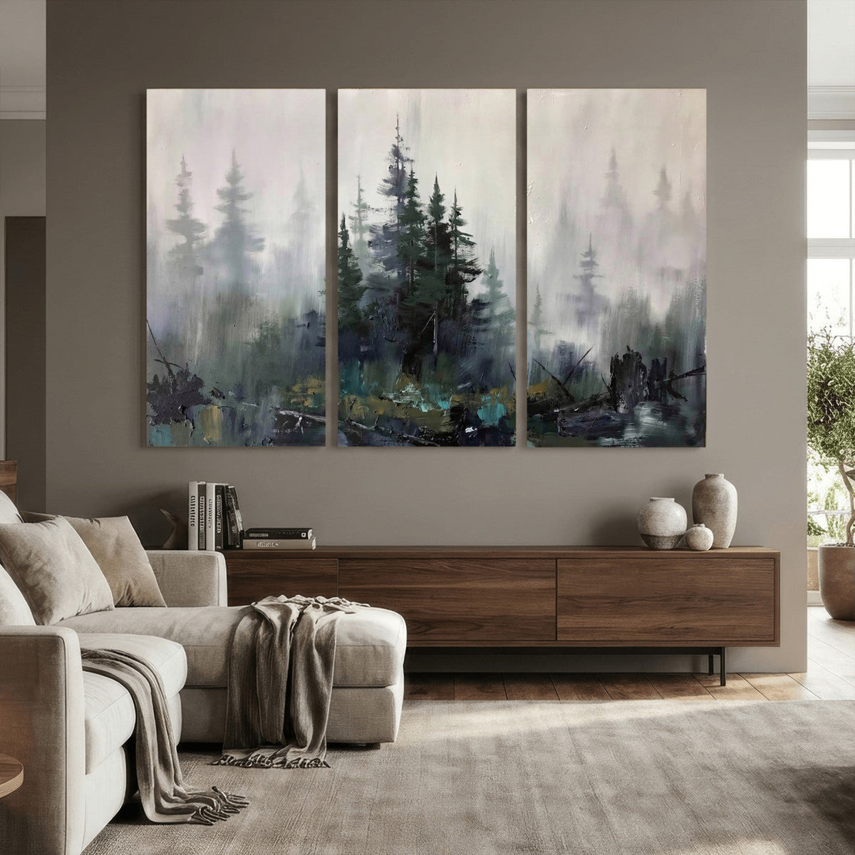 Misty Pine Forest Oil Painting Canvas — Dark Moody Teal Grey