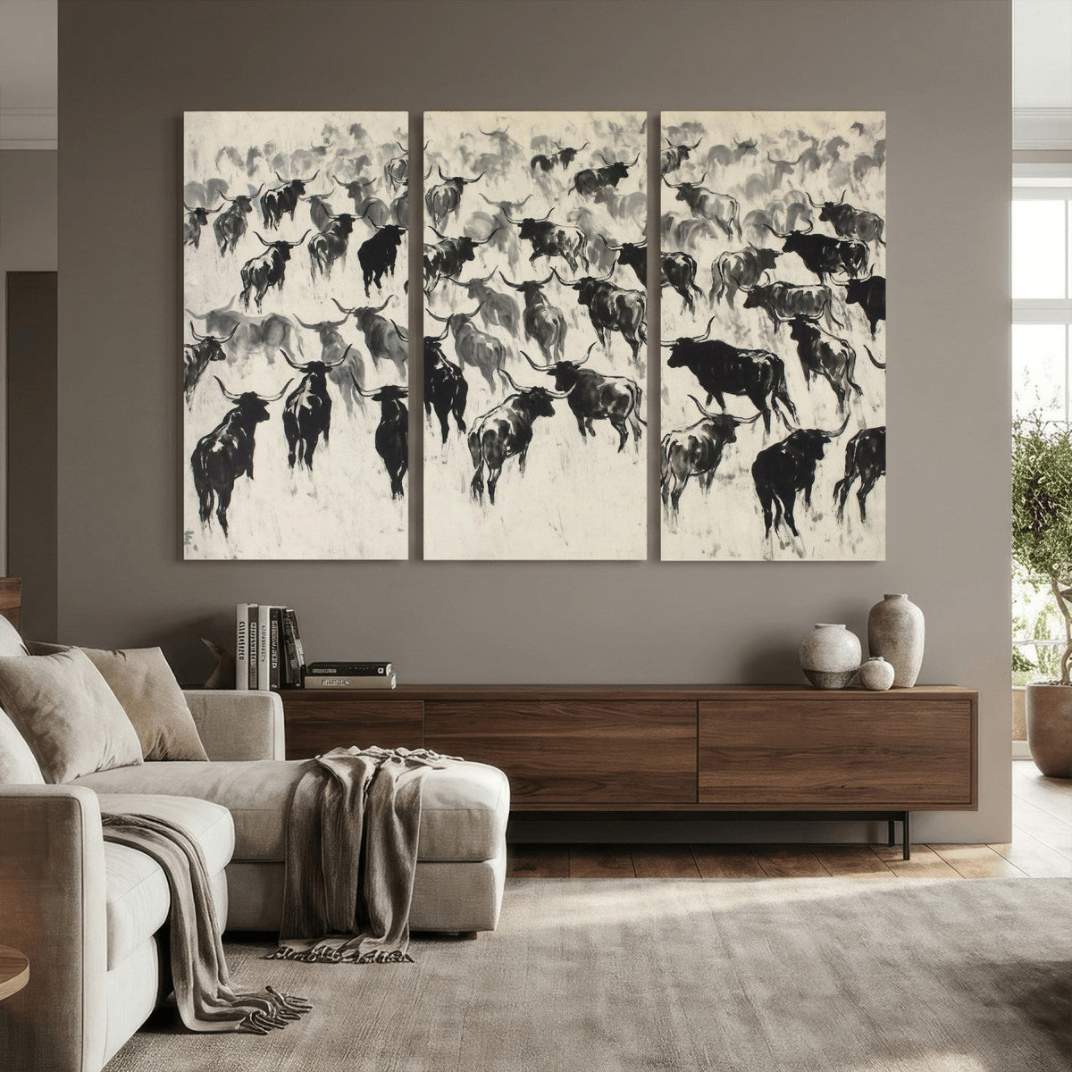 Longhorn Cattle Canvas Wall Art, Black White Stampede Ink