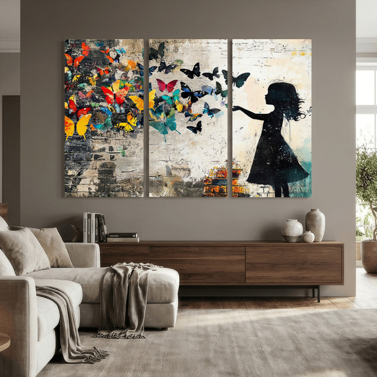 Banksy Butterfly Girl Wall Art Canvas Print, Framed Street