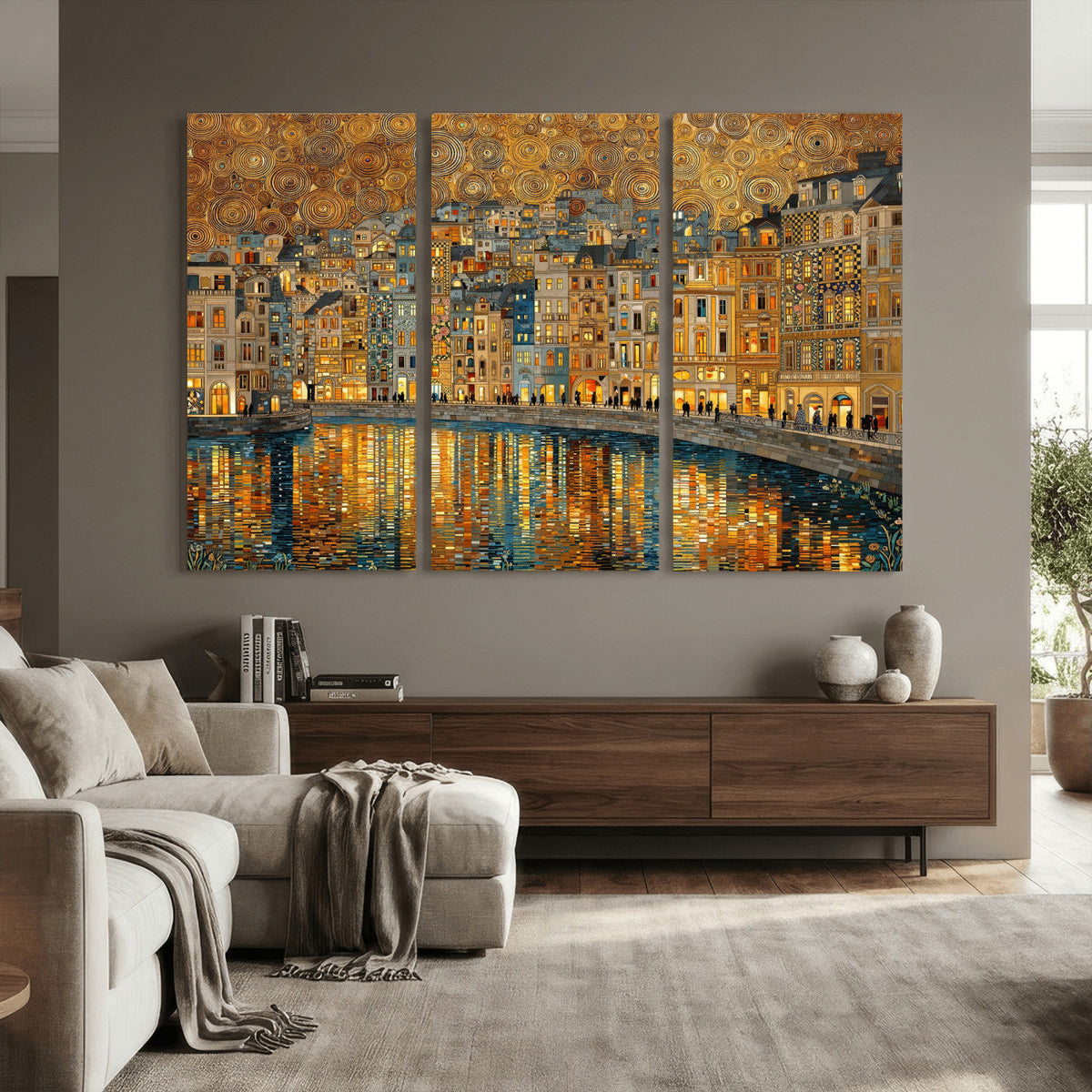 Gustav Klimt Golden Cityscape Wall Art Canvas Print, Framed
