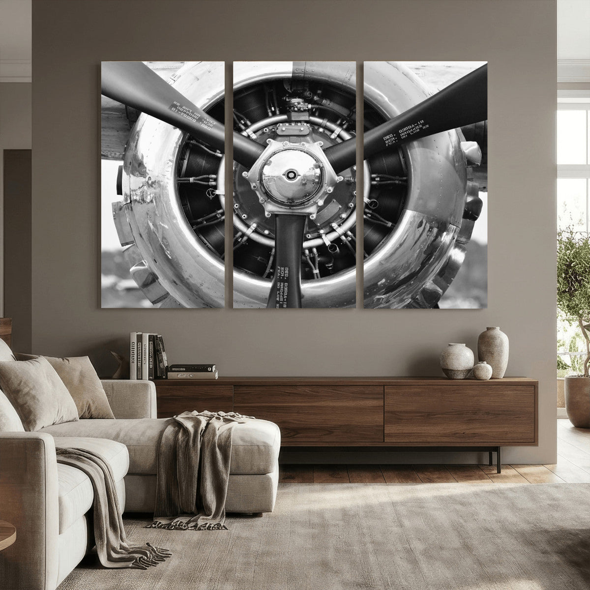 Vintage Propeller Plane Wall Art Canvas Print, Black and