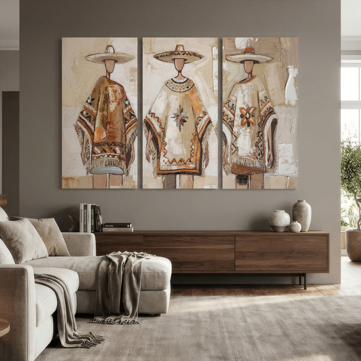 Mexican Folk Art Canvas Wall Art, Charro Poncho Sombrero Painting Print, Neutral Beige Boho Decor, Southwestern Impasto Style, Living Room Art