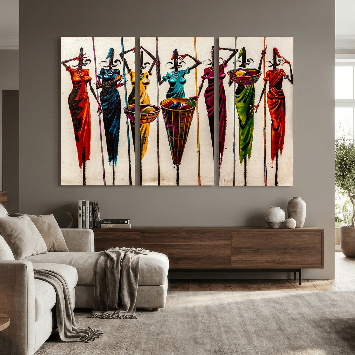 African Folk Art Canvas Wall Art, Colorful African Women Village Painting Print, Tribal Ethnic Home Decor, Vibrant African Art, Living Room