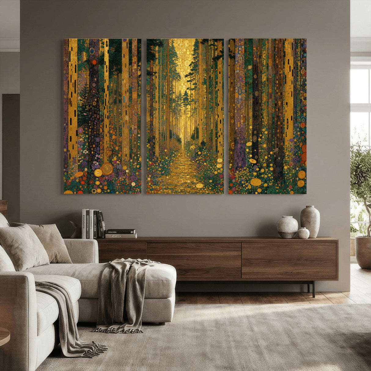 Gustav Klimt Style Forest Canvas Wall Art, Golden Forest Path Floral Art Nouveau Print, Enchanted Woodland Decor