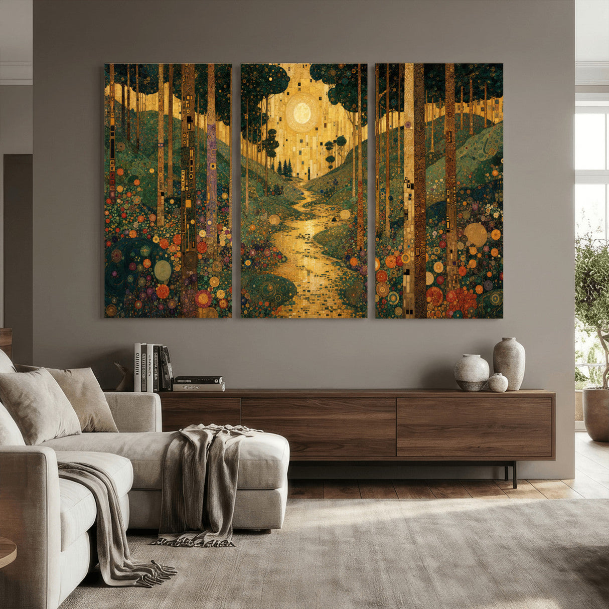 Gustav Klimt Style Forest Canvas Wall Art, Golden Forest Path Floral Art Nouveau Print, Enchanted Woodland Decor