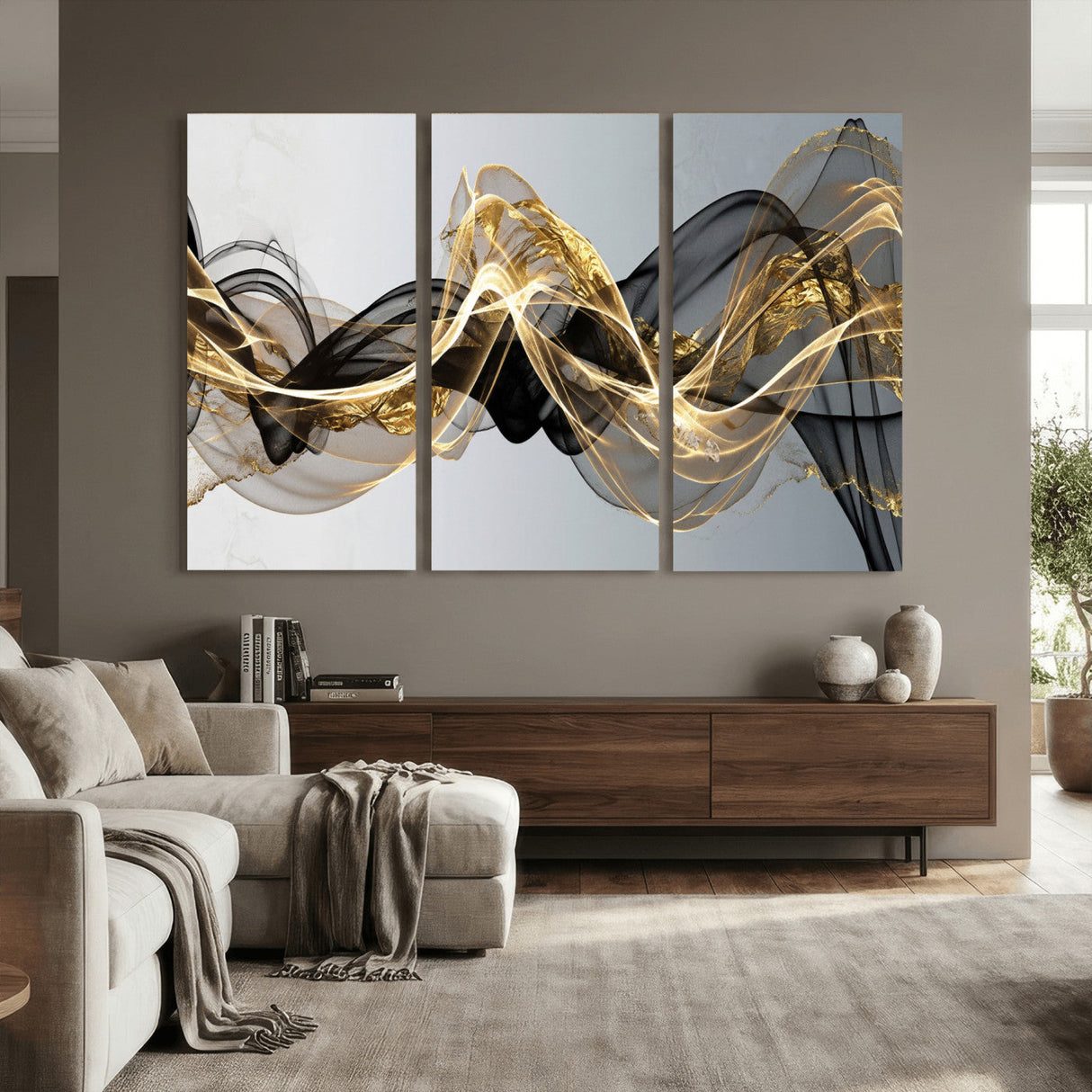 Black and Gold Abstract Wall Art, Modern Wave Canvas Print, Elegant Flowing Smoke Art, Luxury Living Room Decor