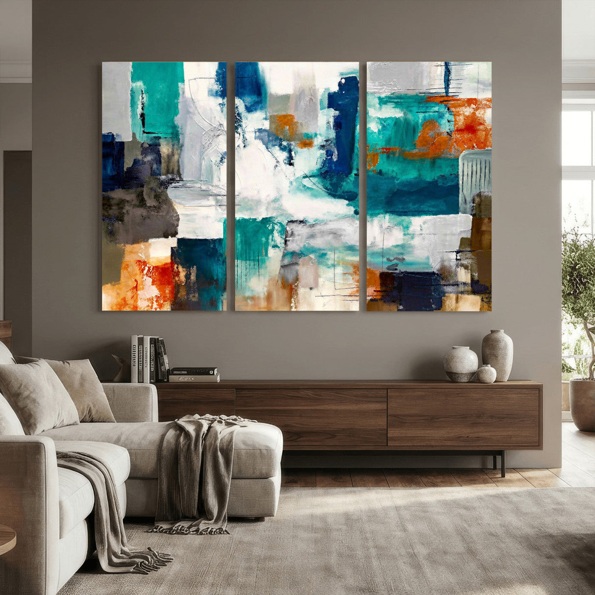 Blue Teal Abstract Canvas Wall Art, Modern Textured Painting Print, Navy Orange White Contemporary Art, Neutral Living Room Decor, Office Art