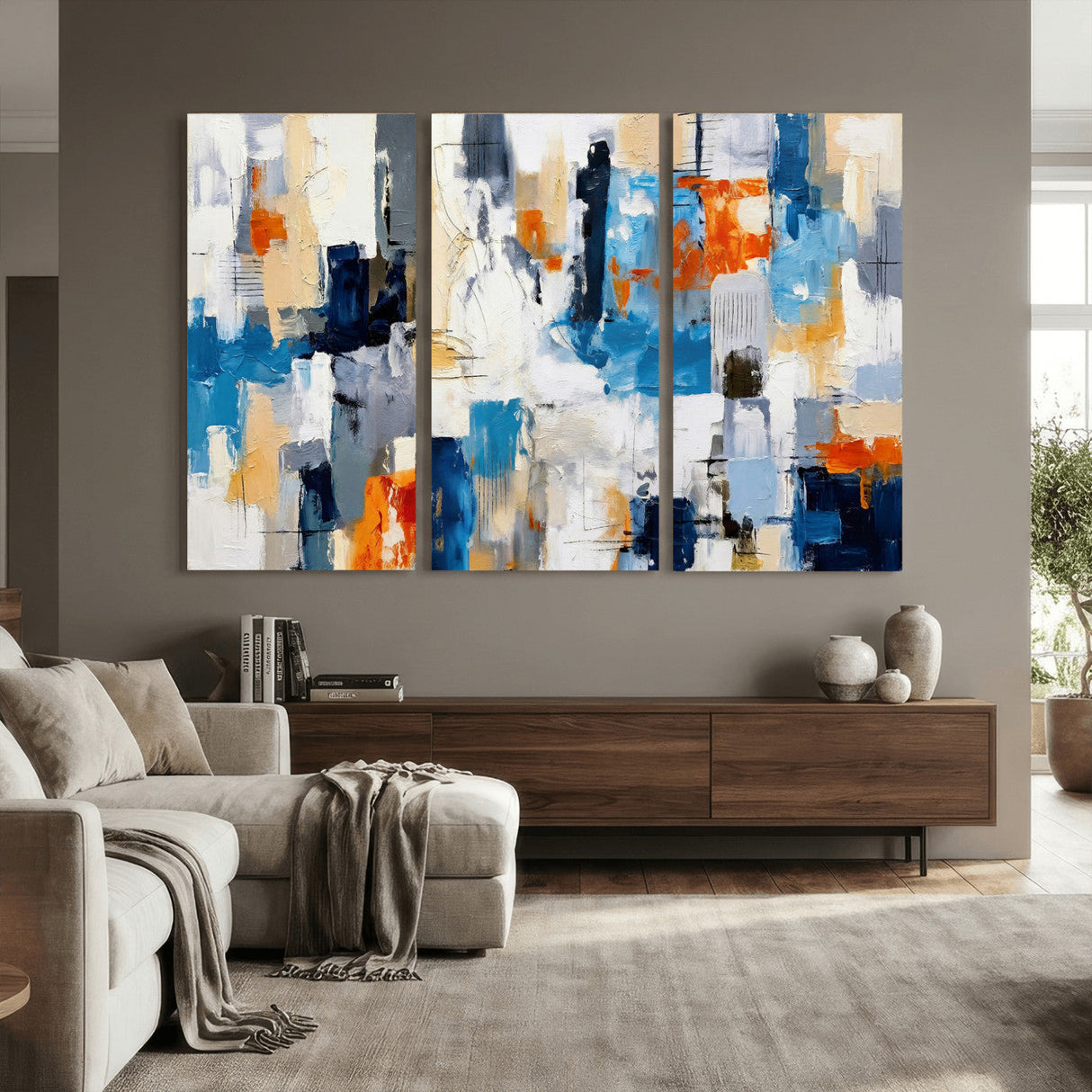 Blue Teal Abstract Canvas Wall Art, Modern Textured Painting Print, Navy Orange White Contemporary Art, Neutral Living Room Decor, Office Art