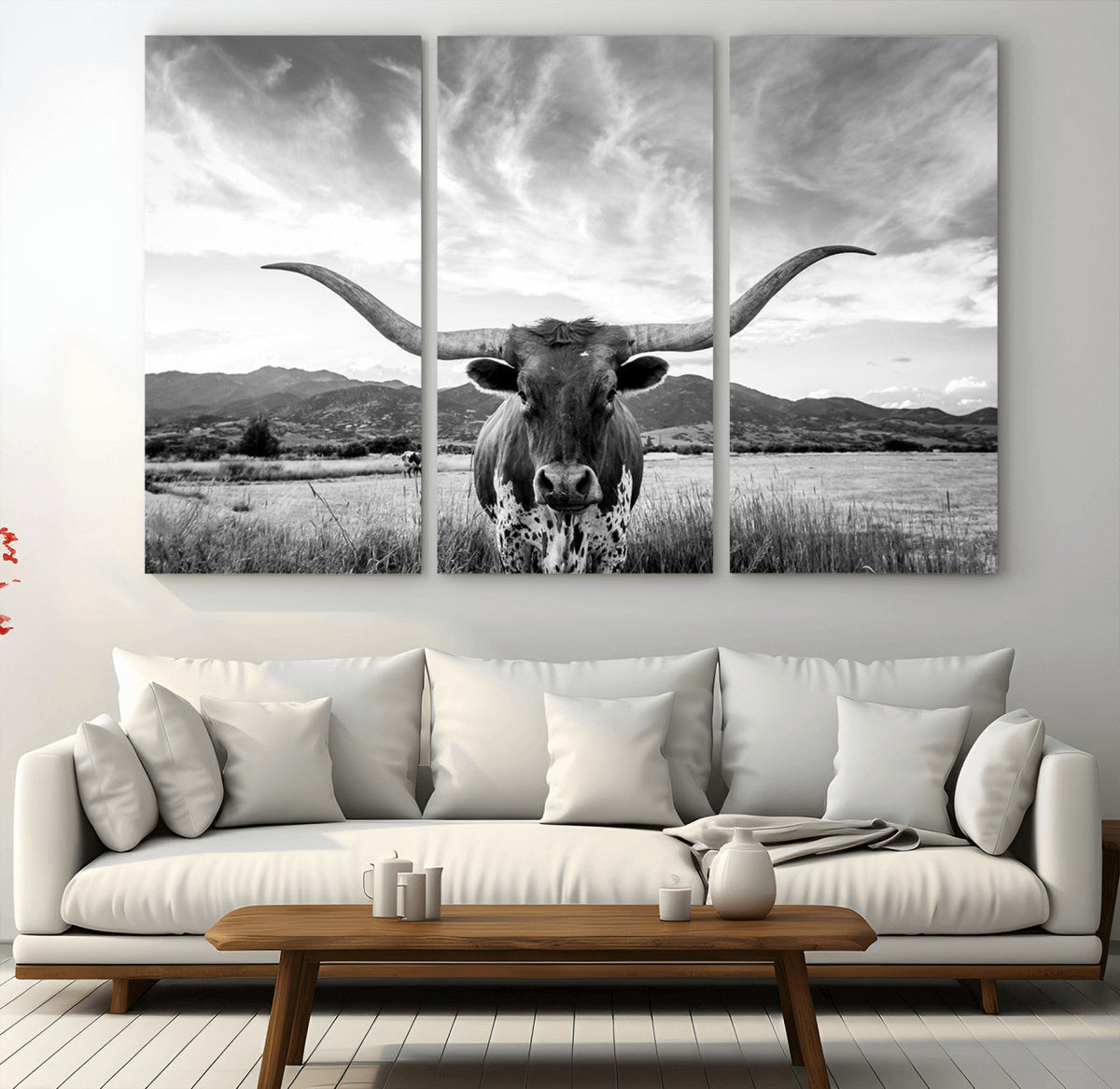 Longhorn Black and White Wall Art – Rustic Western Bull
