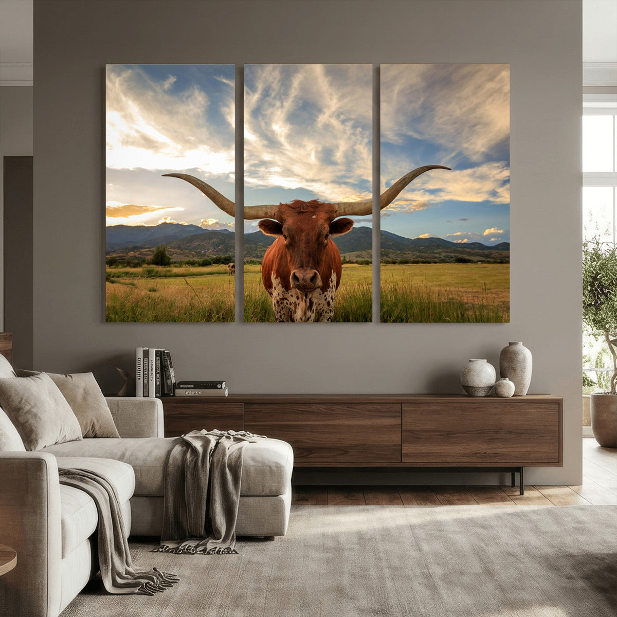 Texas Longhorn Canvas Wall Art – Majestic Triptych Animal