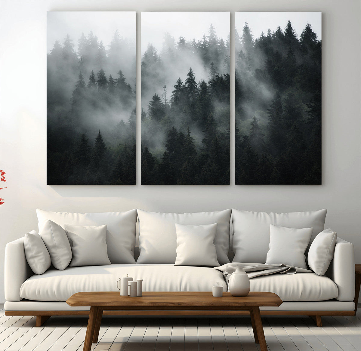 Foggy Forest Wall Art Canvas Print | 3 Panel Large Misty