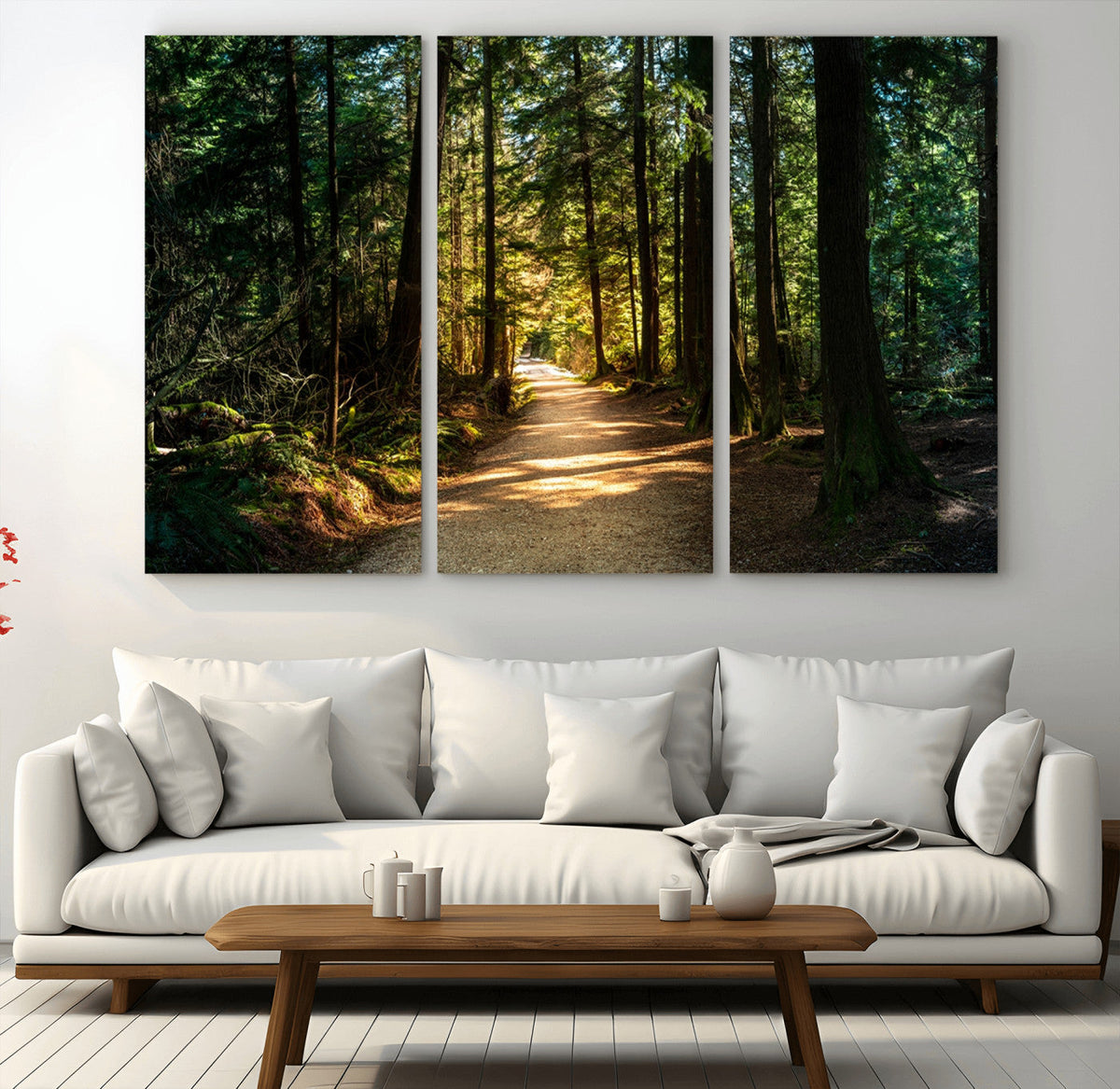 Sunlit Forest Pathway Canvas Print | 3 Panel Large Nature
