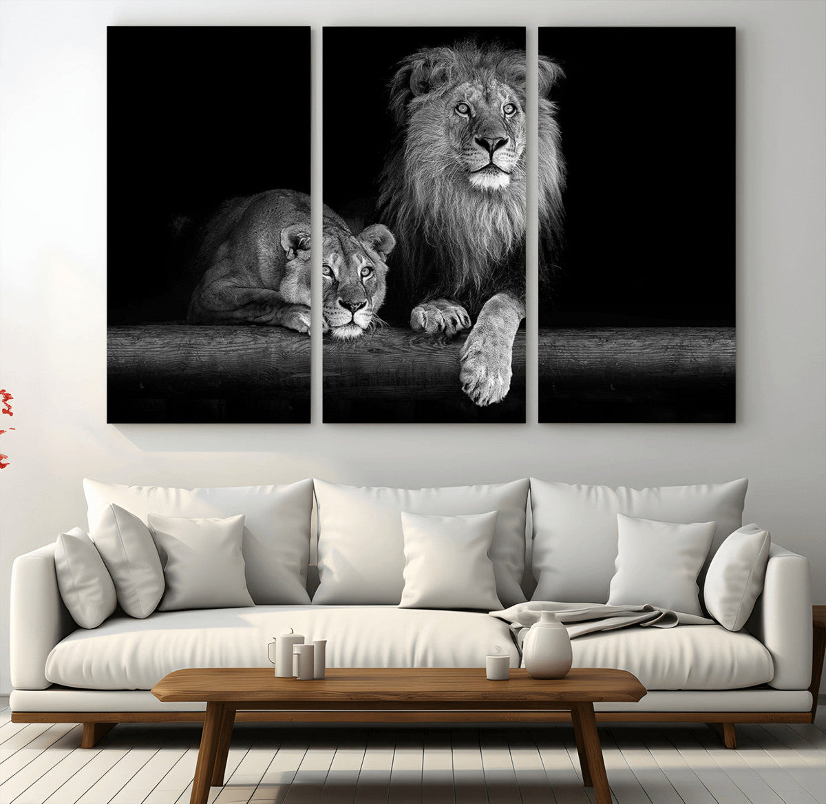 Large Black and White Lion Couple Wall Art Canvas Print –