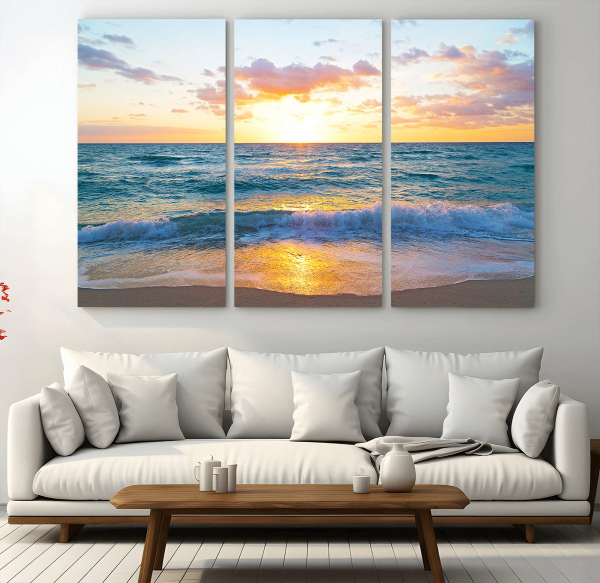 Golden Sunset Over Ocean Waves - Serene Coastal Triptych