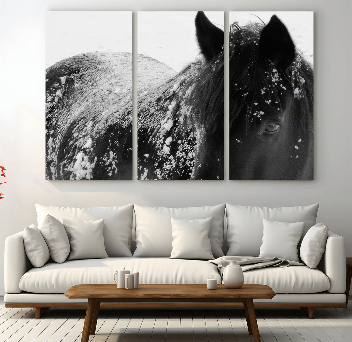 Black Horse in Snow Canvas Print | Winter Horse Wall Art |