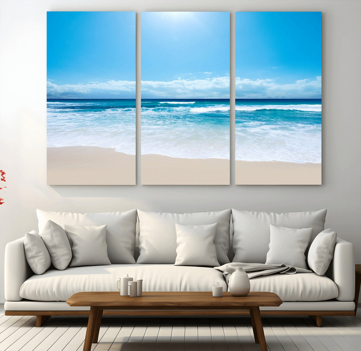 Wall Art Canvas Print Shiny Blue Sea and Beach