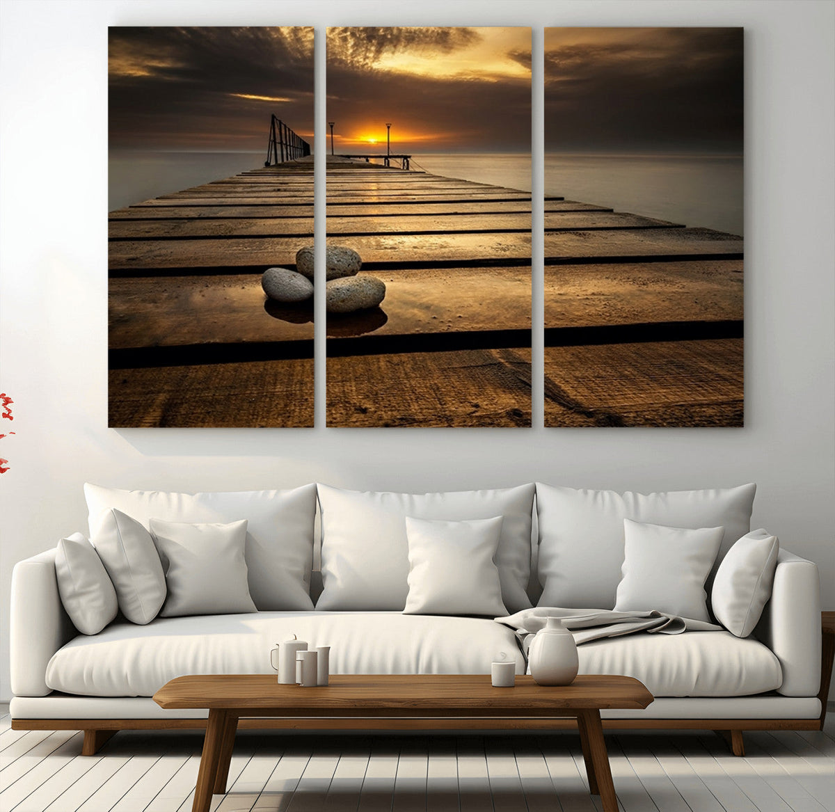 Stones on Wooden Pier at Sunset Canvas Print, Serene Coastal