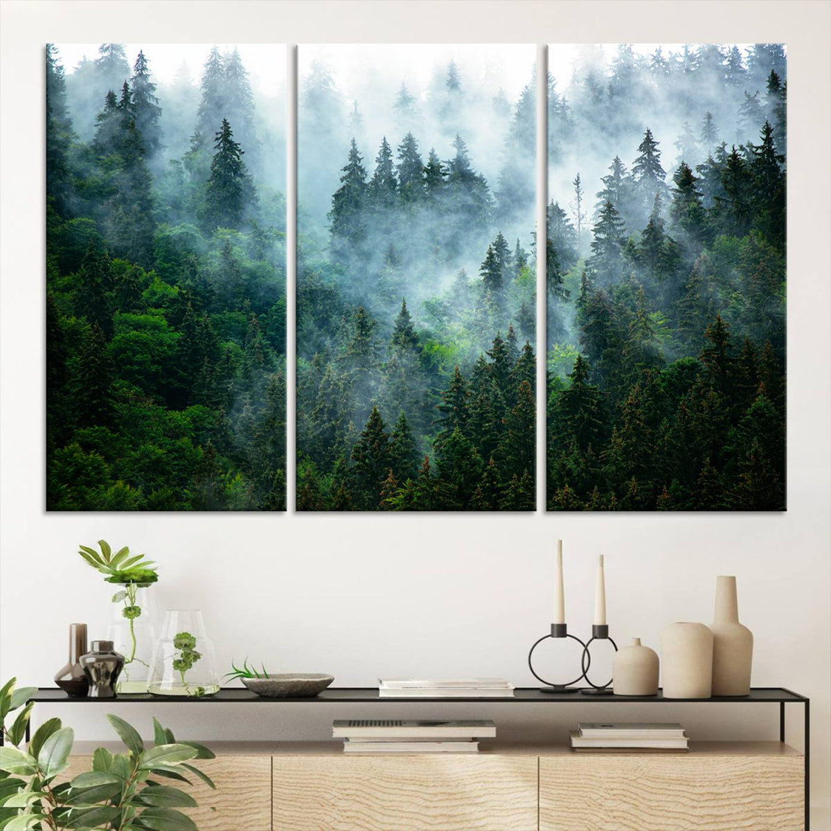 Misty Forest Wall Art Canvas Print – Framed Foggy Mountain