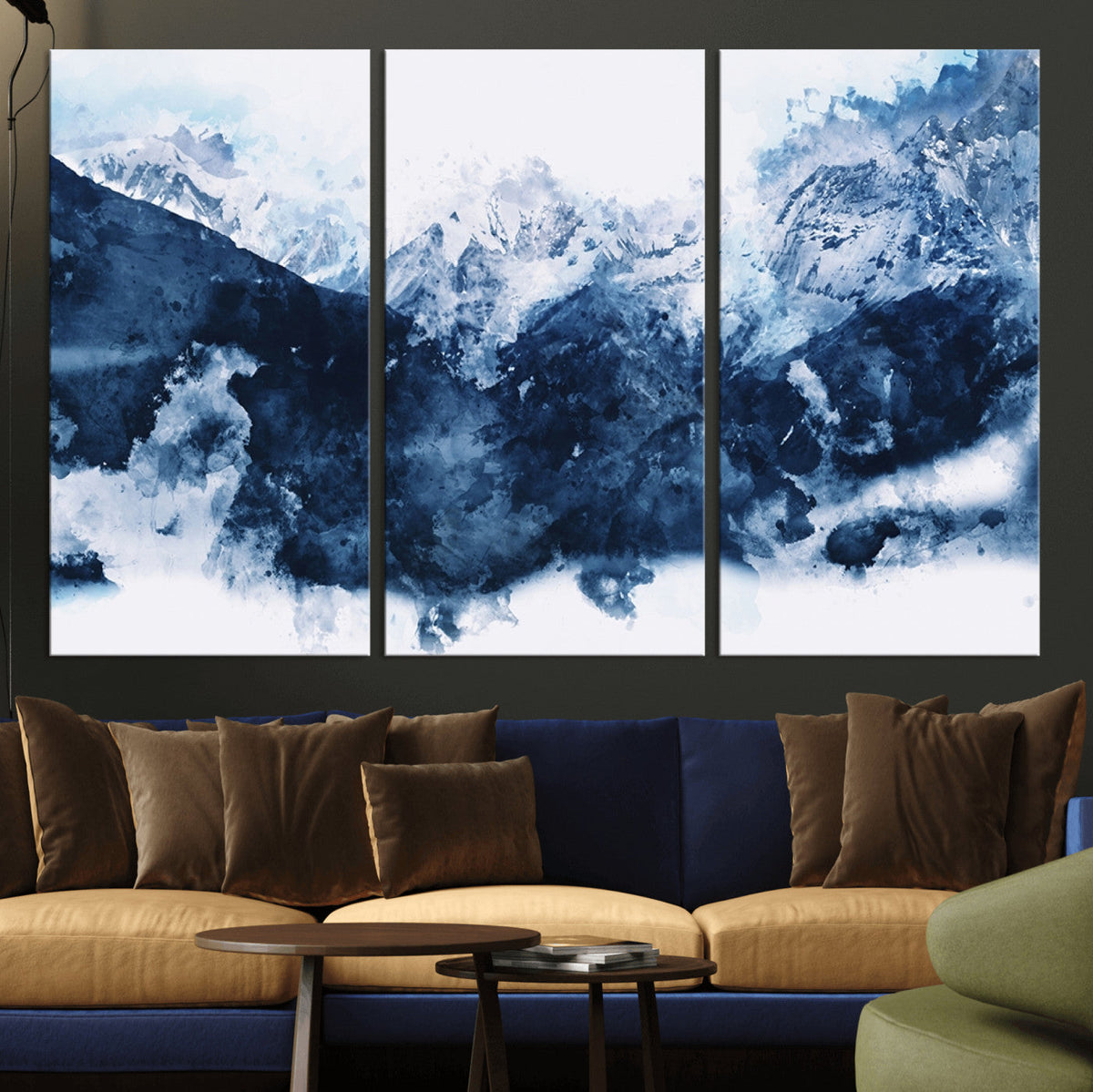 Abstract Blue Mountain Canvas Wall Art – Modern Triptych