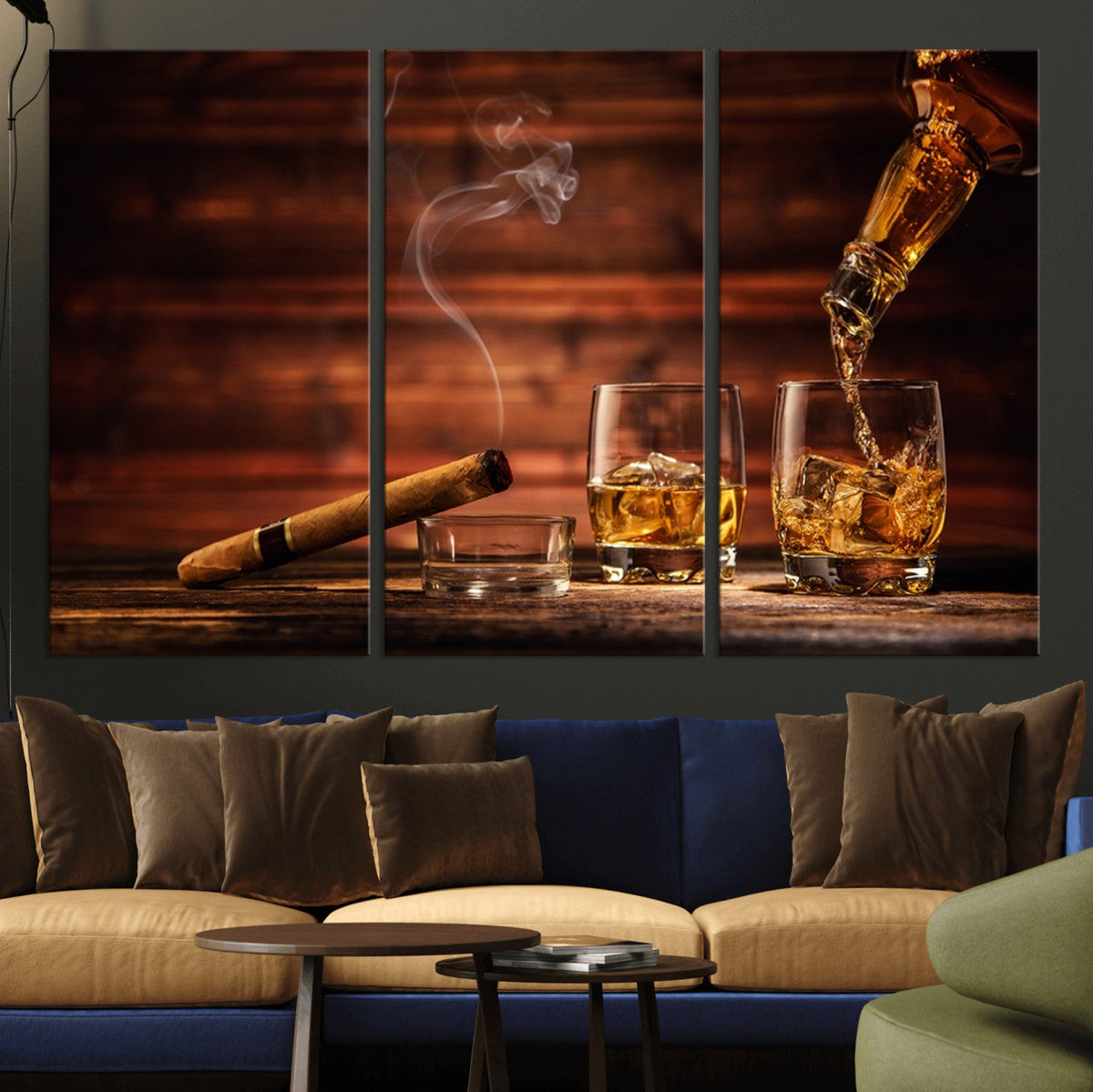 Whiskey and Cigar Wall Art Canvas | 3 Panel Bar Room Decor