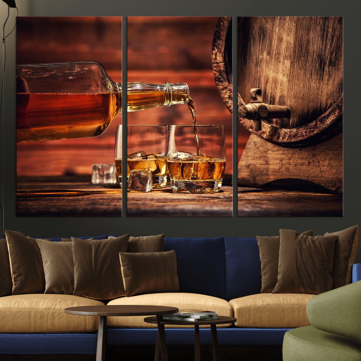 Whiskey and Cigar Canvas Wall Art | 3 Panel Bar Room Decor