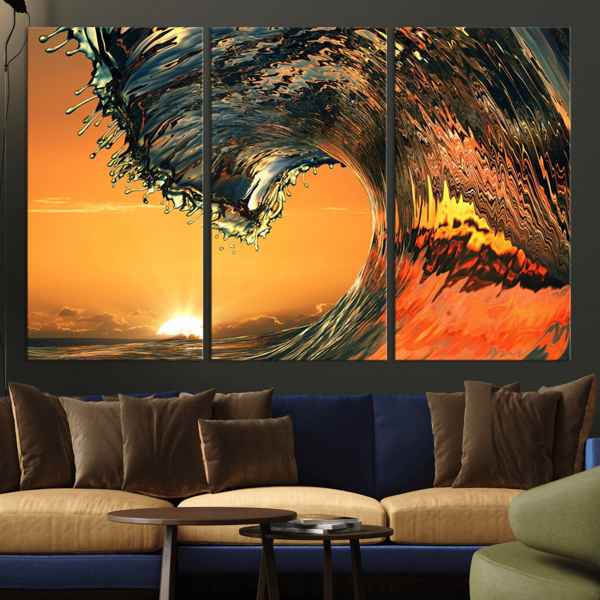 Surf Wave Sunset Canvas Wall Art Print, 3-Panel Ocean