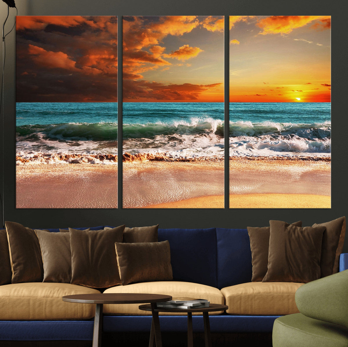 Golden Sunset Beach Canvas Wall Art – Triptych Seascape