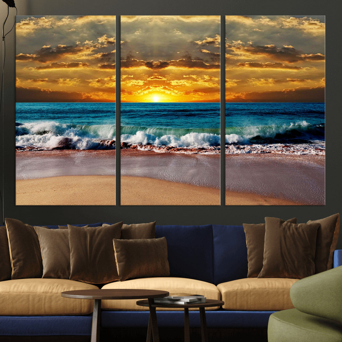 Ocean Sunrise Over Golden Beach Waves, Giclee Canvas Wall