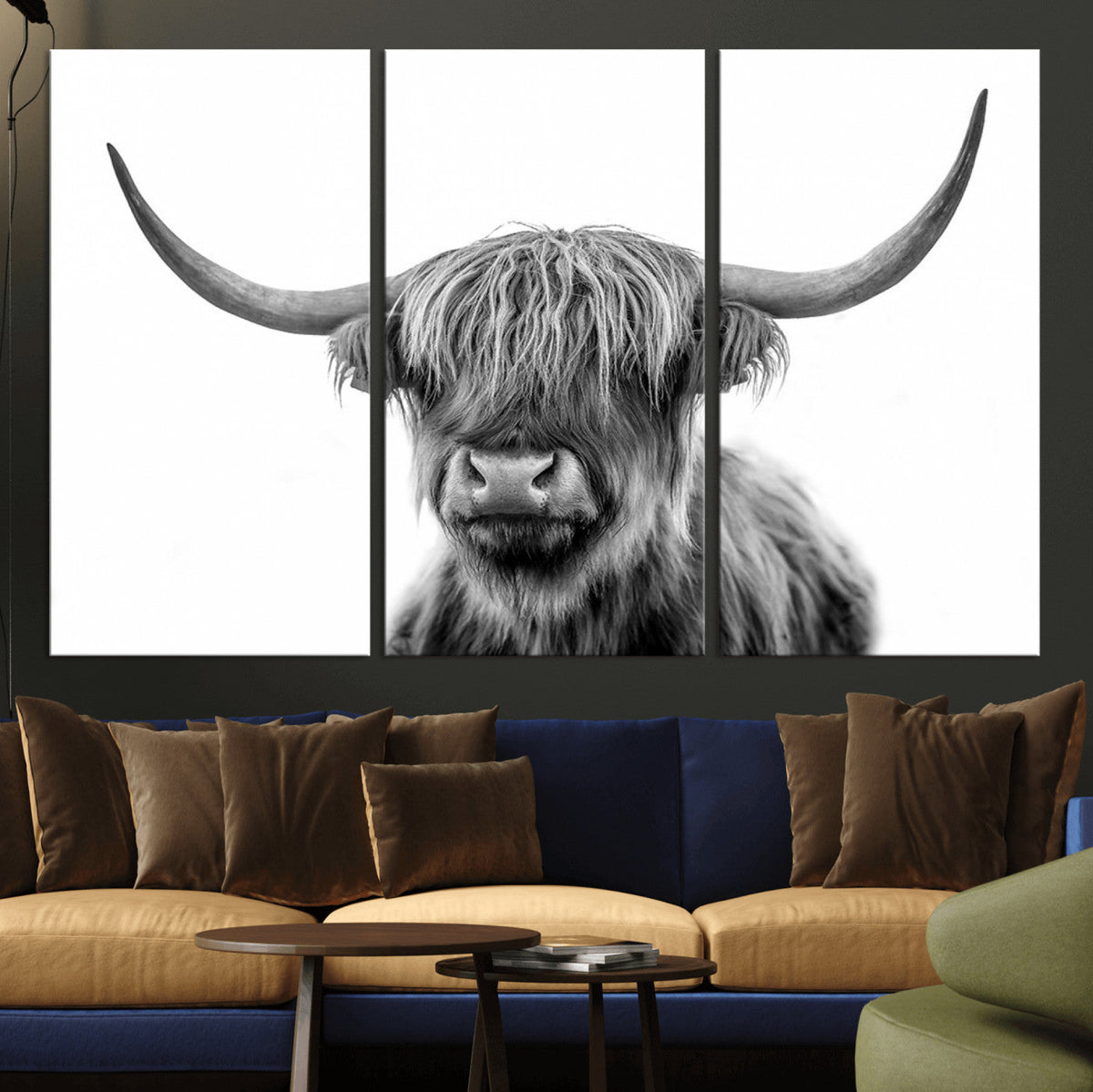 Grayscale Scottish Highland Cow Cattle Art Print Farmhouse