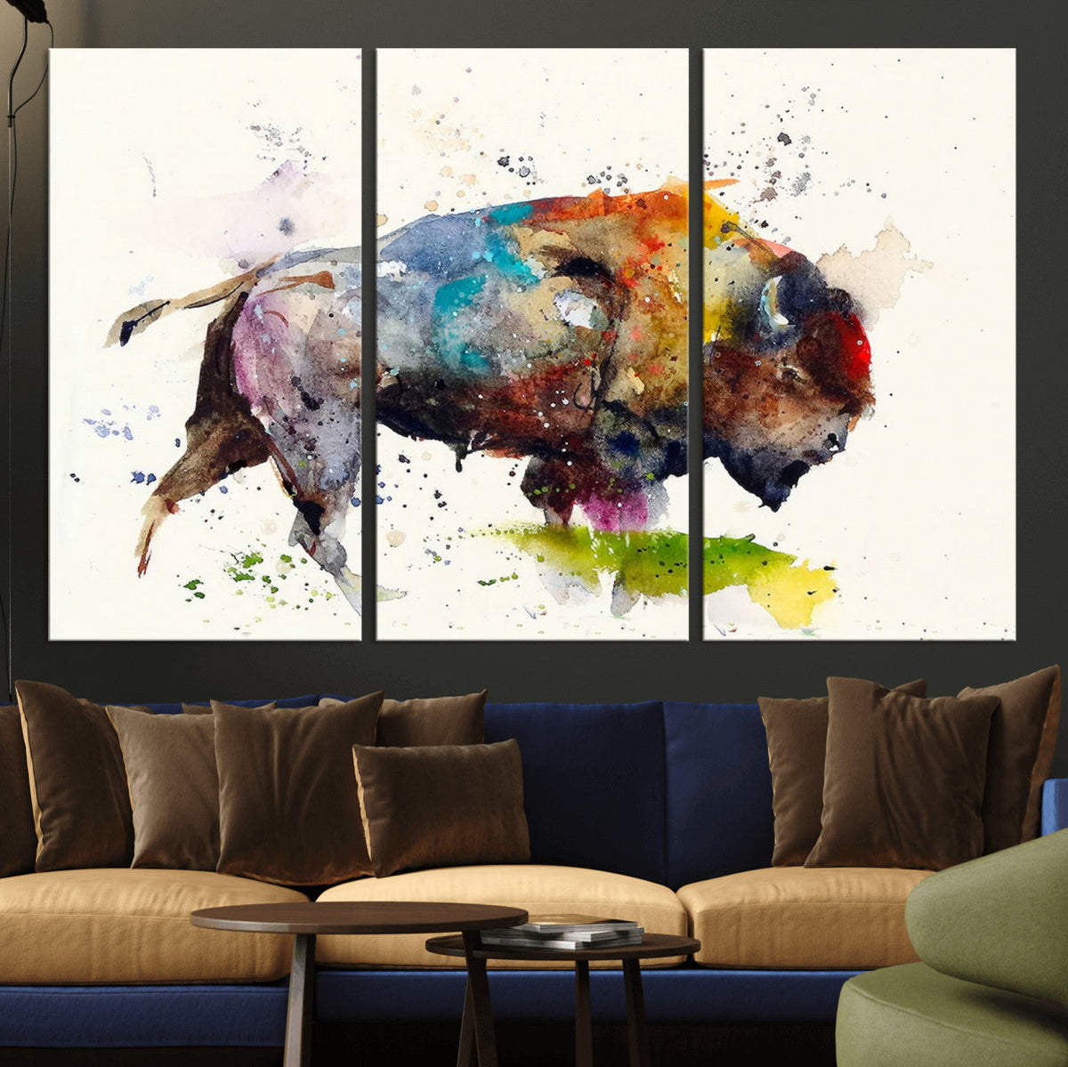 Abstract Buffalo Wall Art, Western Watercolor Bison Canvas