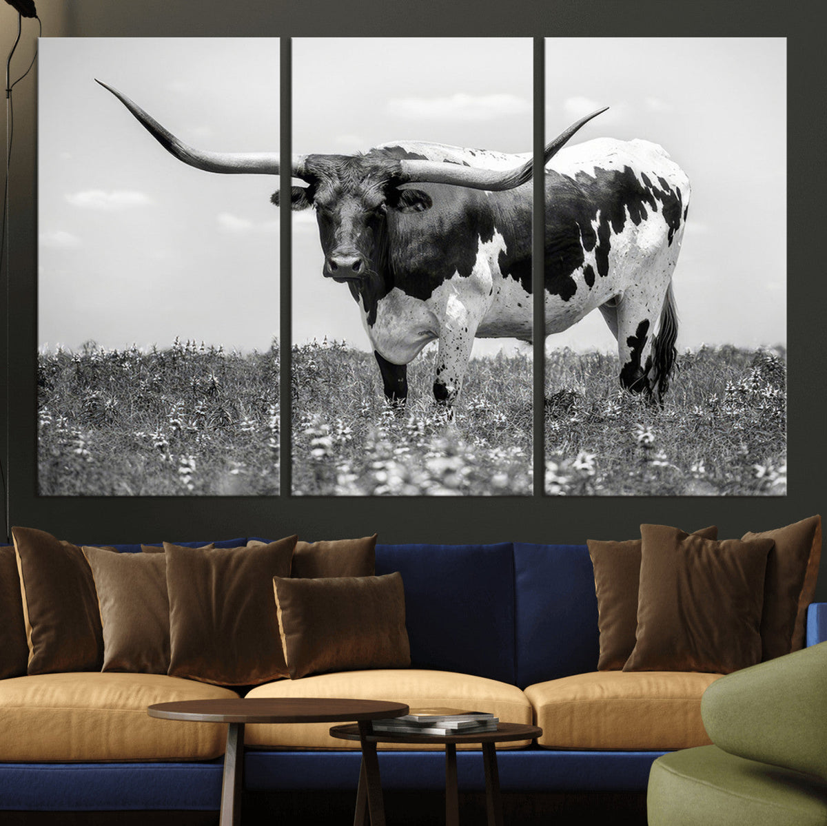 Texas Black White Highland Longhorn Cow Wall Art Canvas